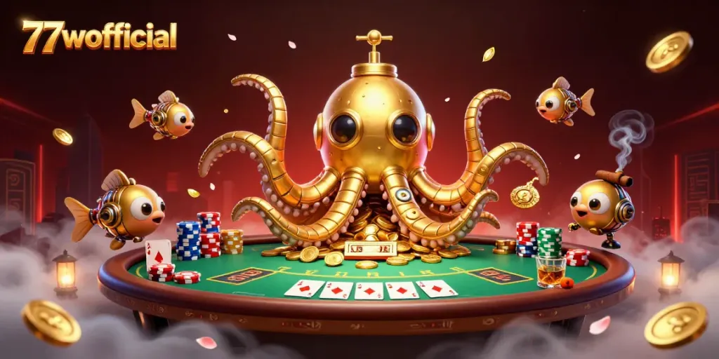 Experience thrilling poker action at 77wofficial with a majestic kraken casino scene.