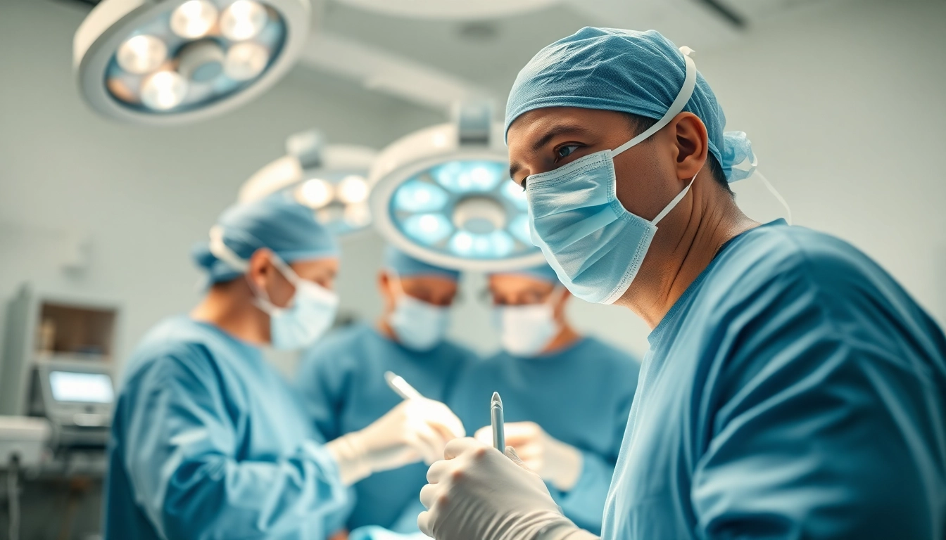 Surgical Treatment Cente being performed by a professional surgical team in a modern operating room.