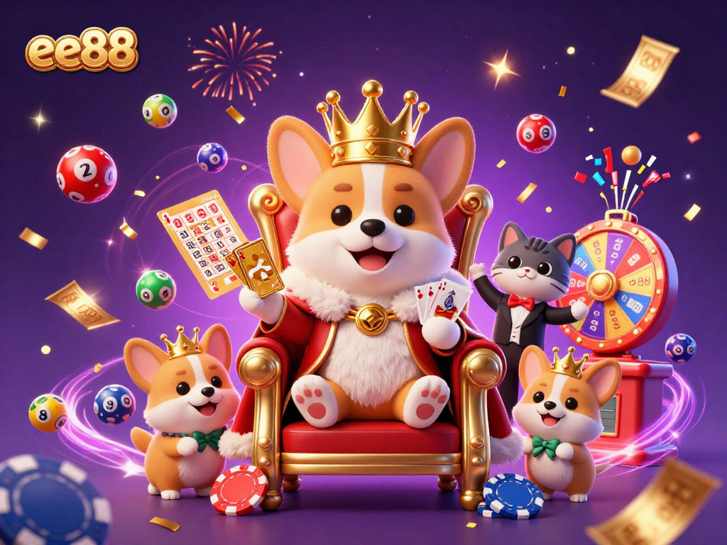Engage with the colorful world of ee88 featuring a royal corgi on a poker chip throne, celebrating with lottery elements.