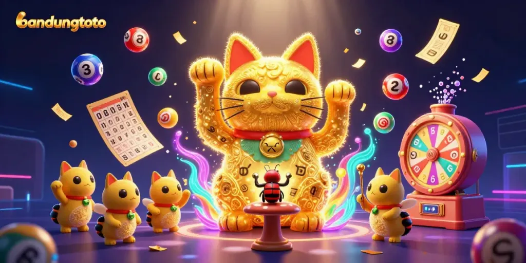 Engage in bandungtoto with vibrant visuals of a lucky cat and lottery symbols amidst a festive atmosphere.