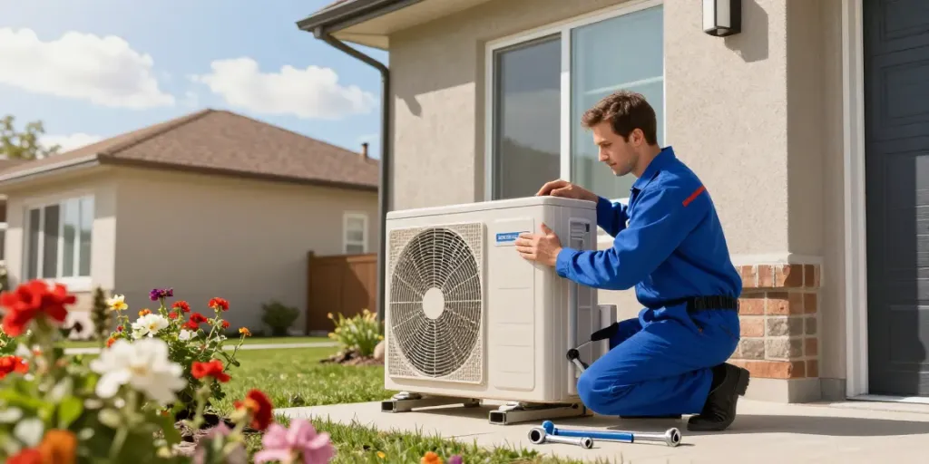 Air Conditioner Install Calgary showing professional technician installing central AC unit on a modern home in sunny setting.