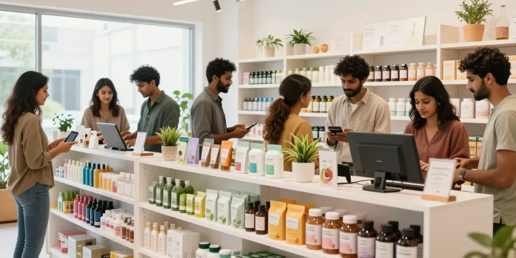 Health and wellness products online India showcased in a vibrant retail space with diverse customers.