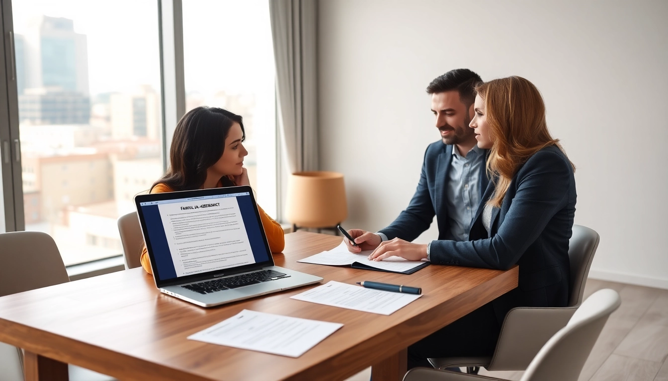 Engaged couple reviewing Family Law Financial Agreements in a modern office setting.