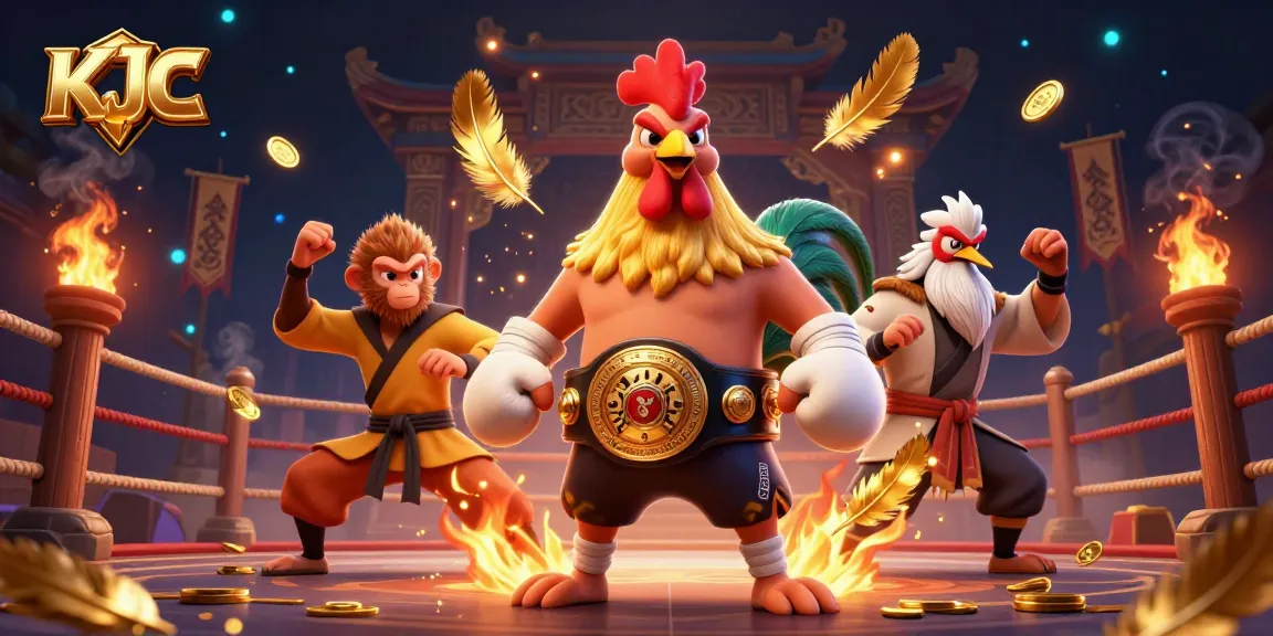 KJC showcases an exhilarating Muay Thai rooster and martial artists in a vibrant casino battle scene.