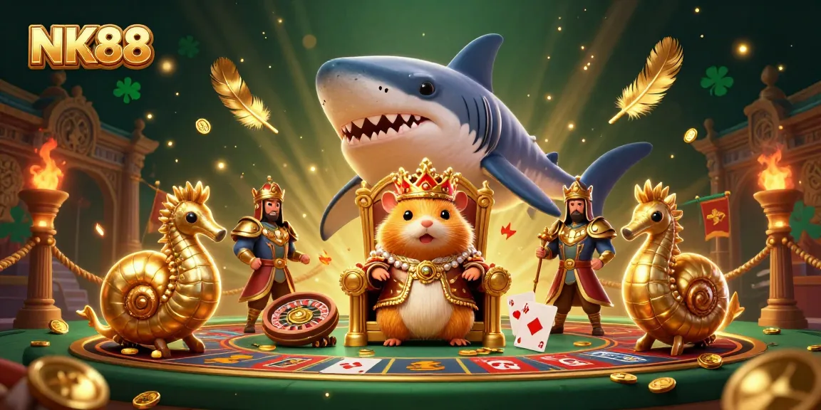 Experience NK88's exciting games with a golden hamster king and royal guards in an energetic casino scene.