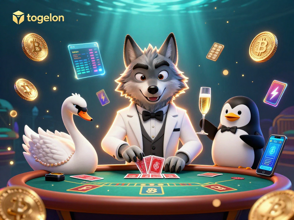 Play exciting togelon games with a vibrant casino scene featuring a debonair wolf and elegant partners.