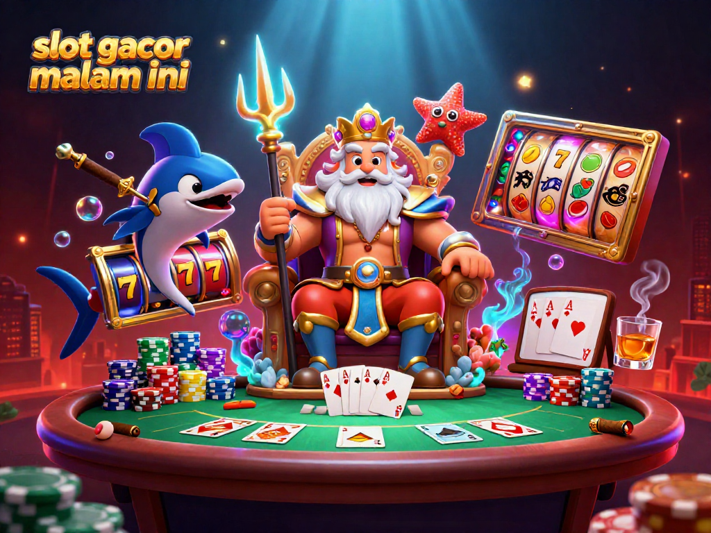 Engage with exciting slot gacor malam ini, featuring Neptune and a vibrant underwater casino scene.