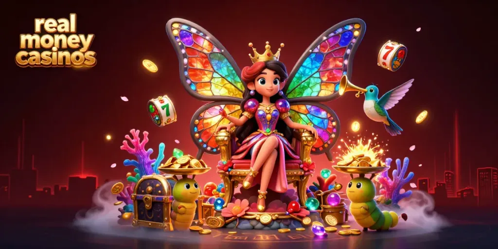 Experience the magic of real money casinos with a vibrant scene of a butterfly queen and playful casino elements.