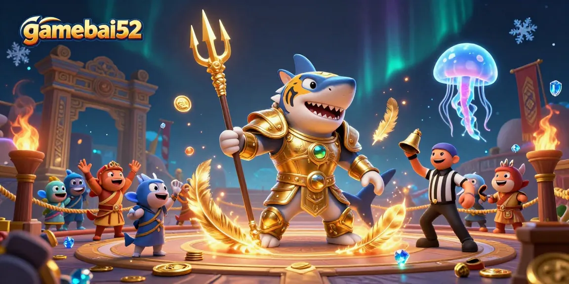Engage in thrilling 3D underwater gambling with gamebai52's dynamic casino scene featuring triumphant characters.