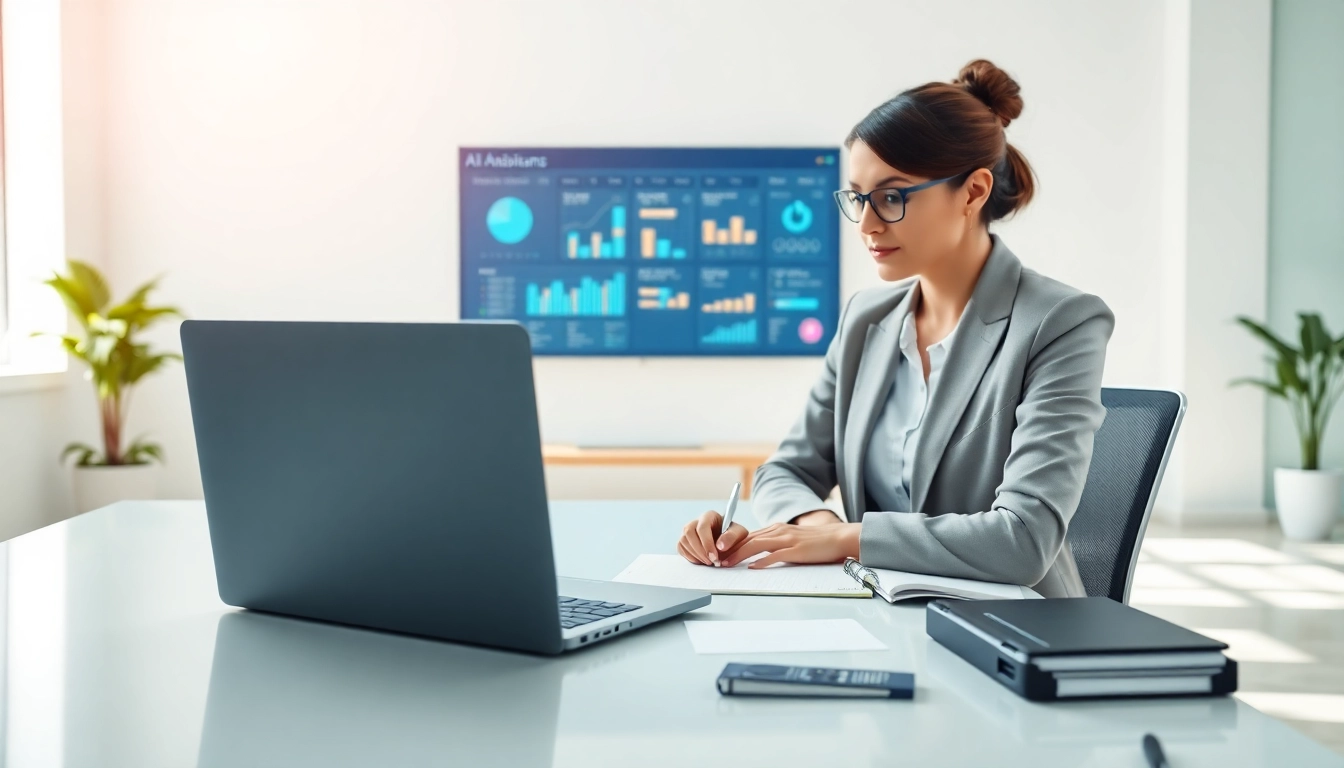 Replace executive assistant with AI in a modern office environment showcasing collaboration between human and technology.