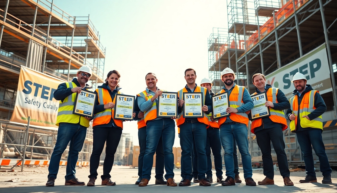 Construction professionals celebrating the STEP safety awards construction achievement at an outdoor ceremony.