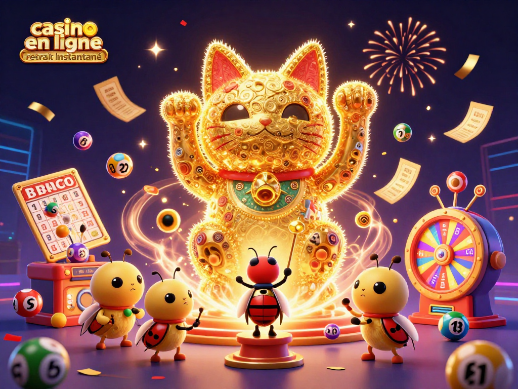 Jouez à des jeux captivants sur le casino en ligne retrait instantané avec des feux follets dorés et un chat porte-bonheur.