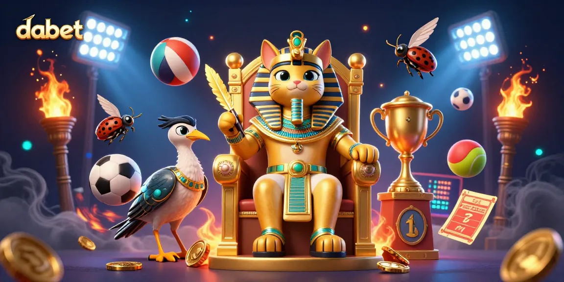 Dabet features an energetic scene with a pharaoh cat, scribe, and sports betting elements, perfect for gamblers.