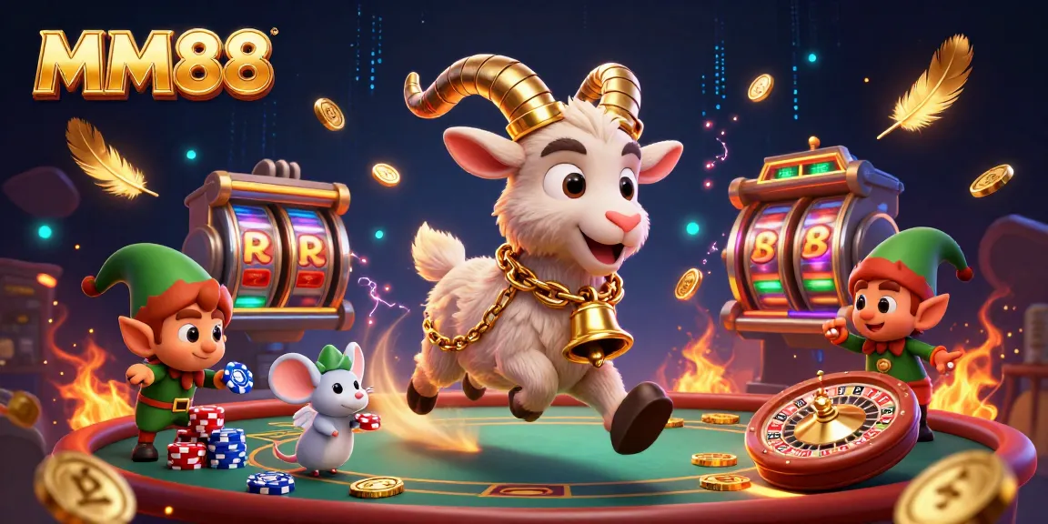 MM88 showcases a chaotic casino scene with a Krampus goat managing games and mischievous characters, emphasizing excitement.