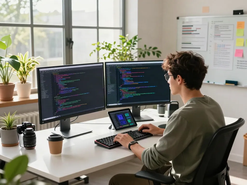 Brave software developer coding at a modern desk with dual monitors, showcasing a vibrant tech workspace.