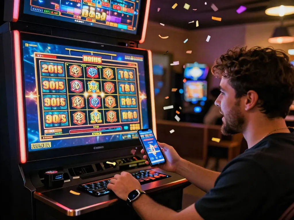 Player celebrating a slot jackpot win on an online gaming platform with animated graphics.