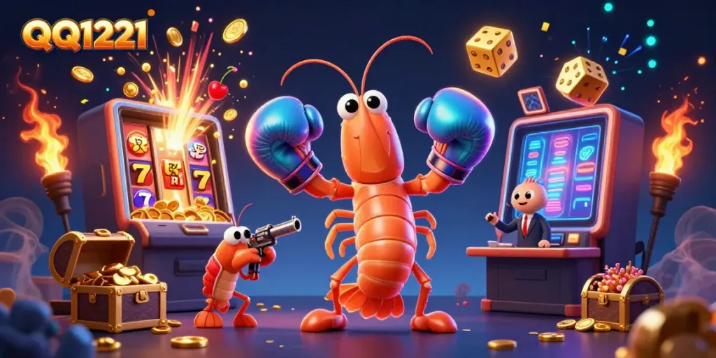Experience QQ1221's vibrant casino action with a dynamic shrimp-themed scene full of jackpots.