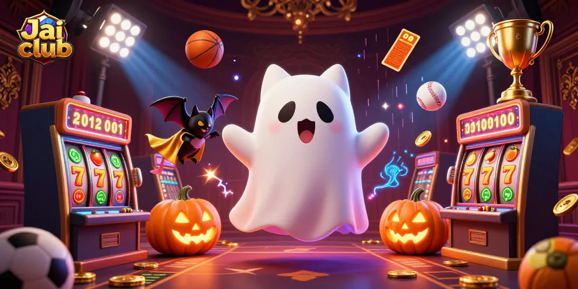 Engage with Jai club's vibrant haunted casino scene featuring a friendly ghost cat amidst thrilling slot reels.