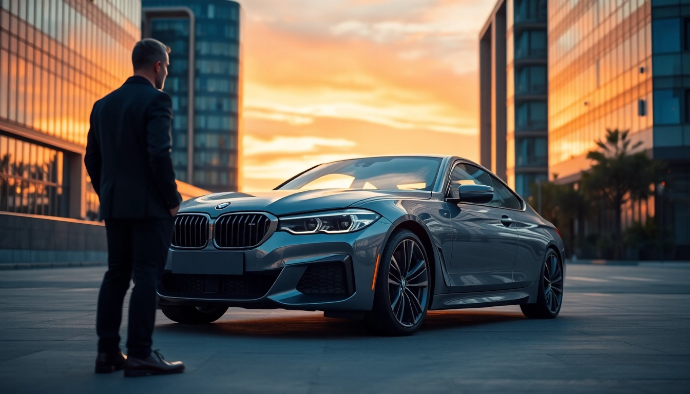 A luxury BMW car parked in an upscale urban setting, showcasing elegance and sophistication.