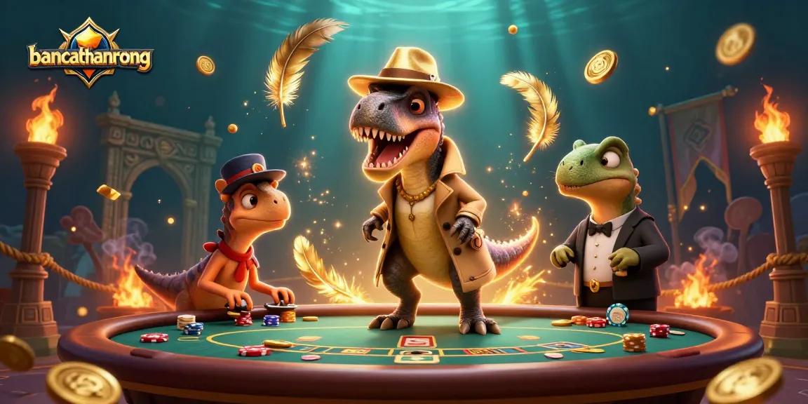 bancathanrong showcases a velociraptor card counter at a blackjack table, under a suspicious gaze with vibrant casino elements.
