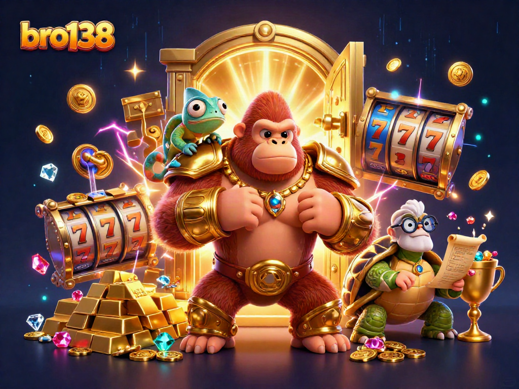 Spin to win at bro138 with vibrant symbols of slot games, gold, and treasure in the scene.