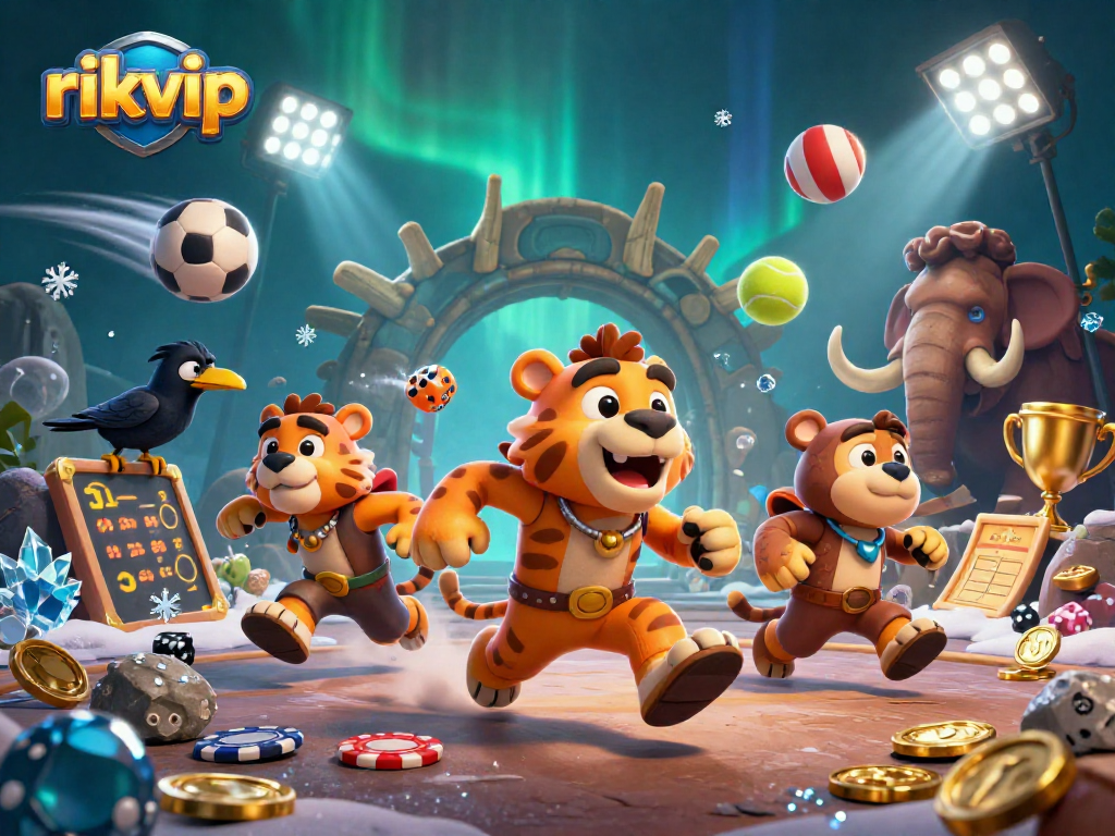 Place bets at rikvip amidst a vibrant prehistoric casino scene brimming with sports elements.