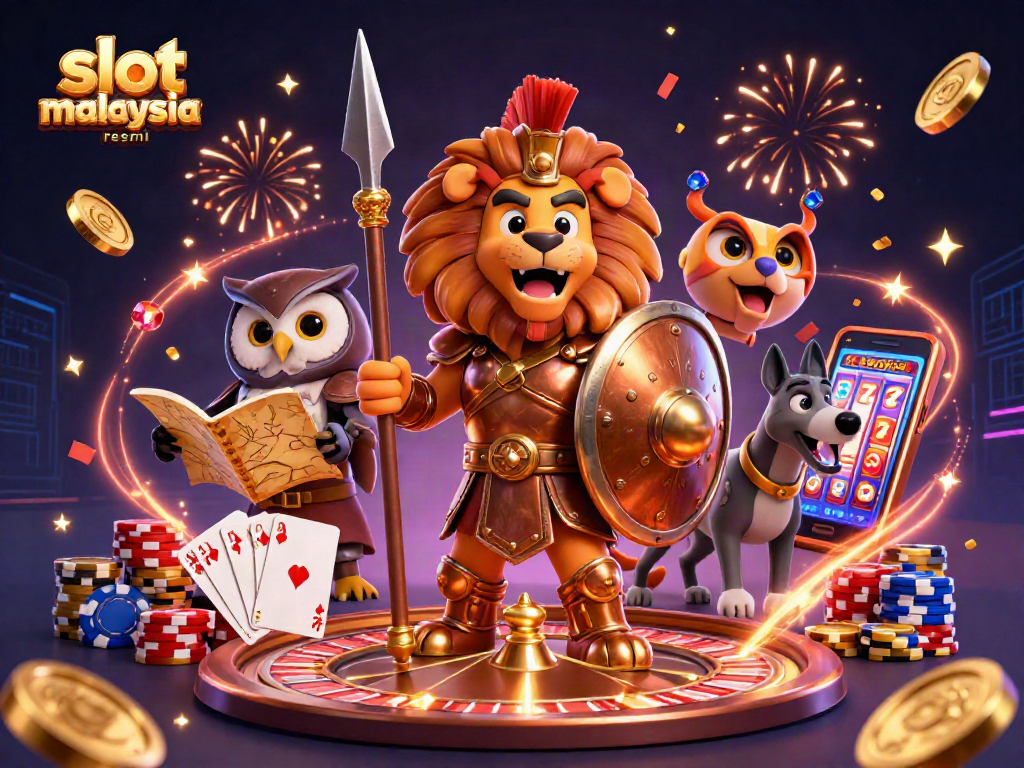 Engage with slot malaysia resmi through vibrant 3D casino characters amidst gold coins and roulette wheels.