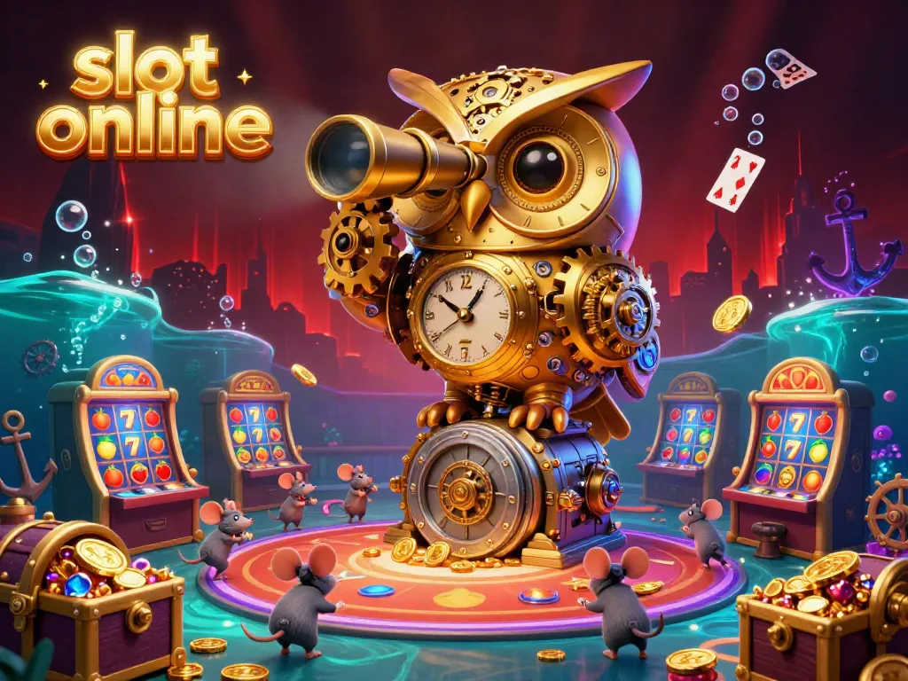 Experience the excitement of slot online with a vibrant casino floor illustration showcasing an animated golden owl and playful mice.