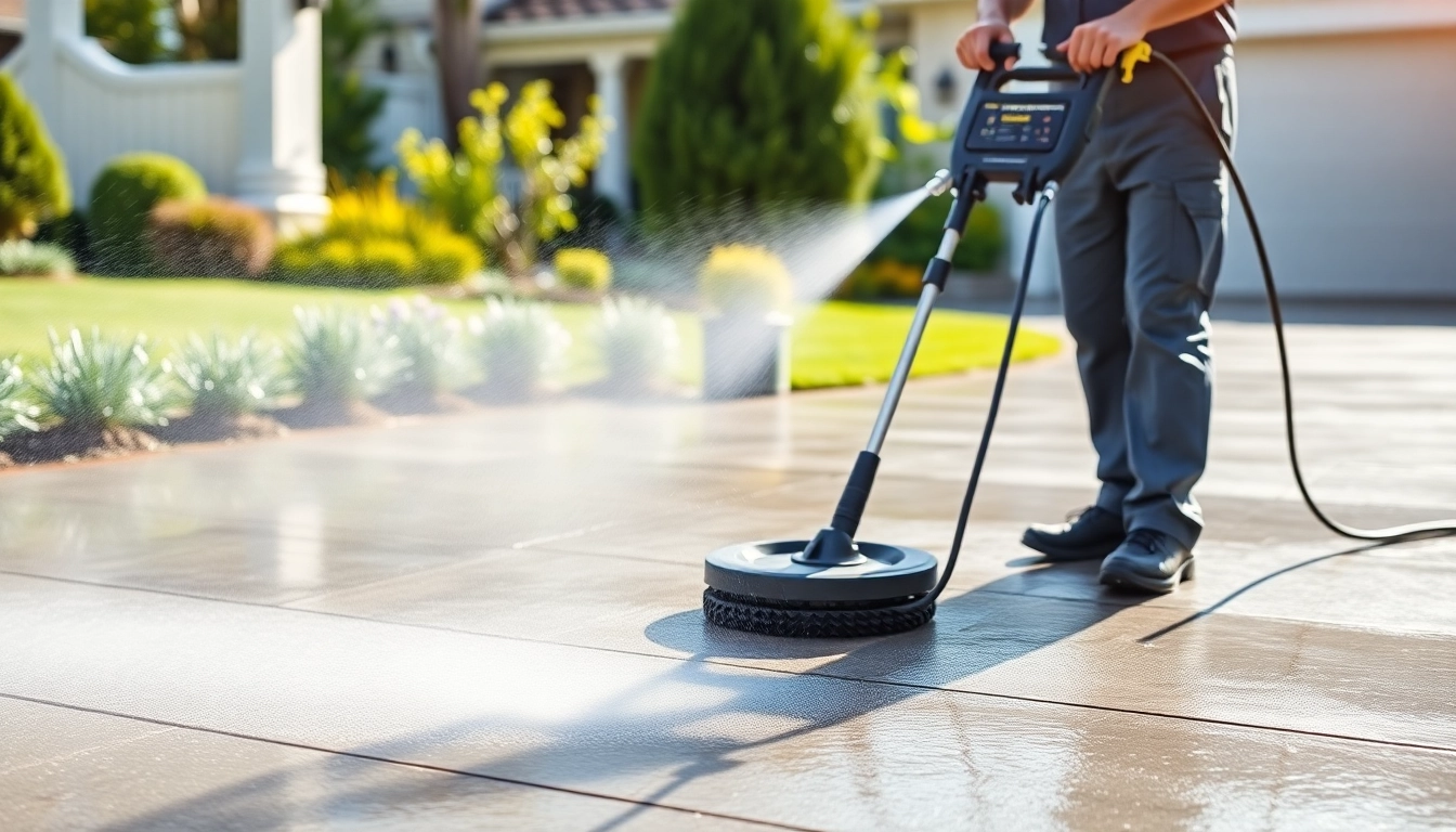 Driveway cleaning in action with a professional pressure washer revitalizing a concrete surface.