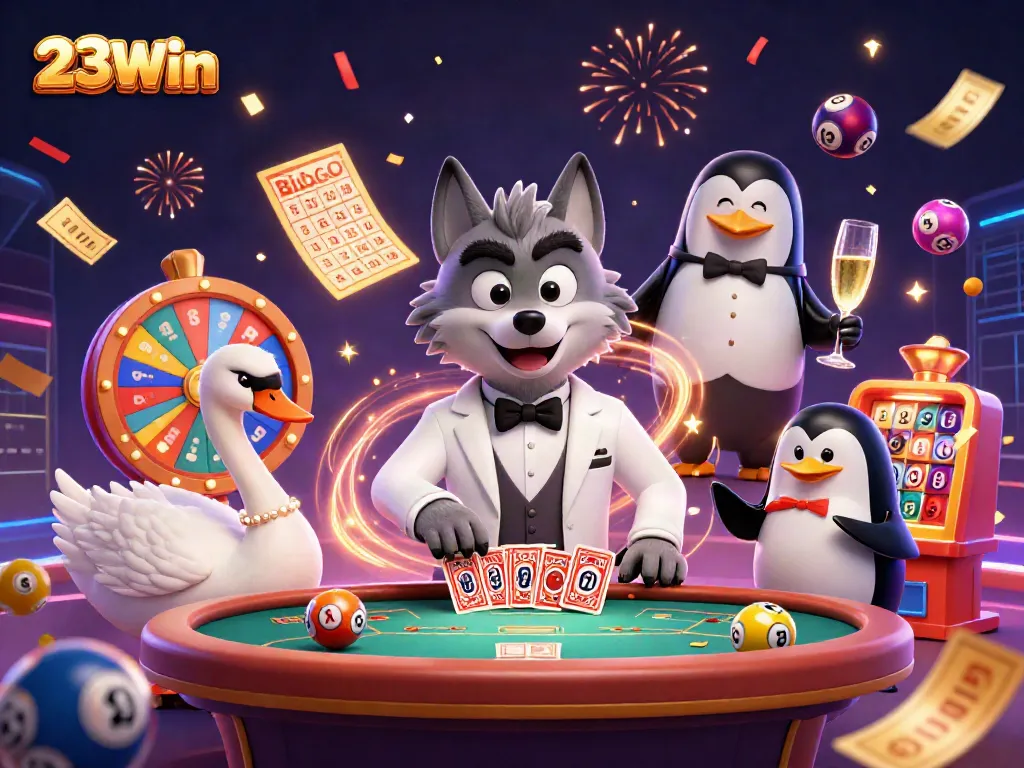 Engage in thrilling gameplay at 23Win with a vibrant 3D casino scene showcasing a wolf, swan, and penguin.