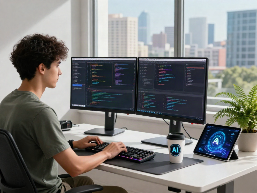 Young coder at a modern workspace with coding displays showcasing crush on ai technology integration.