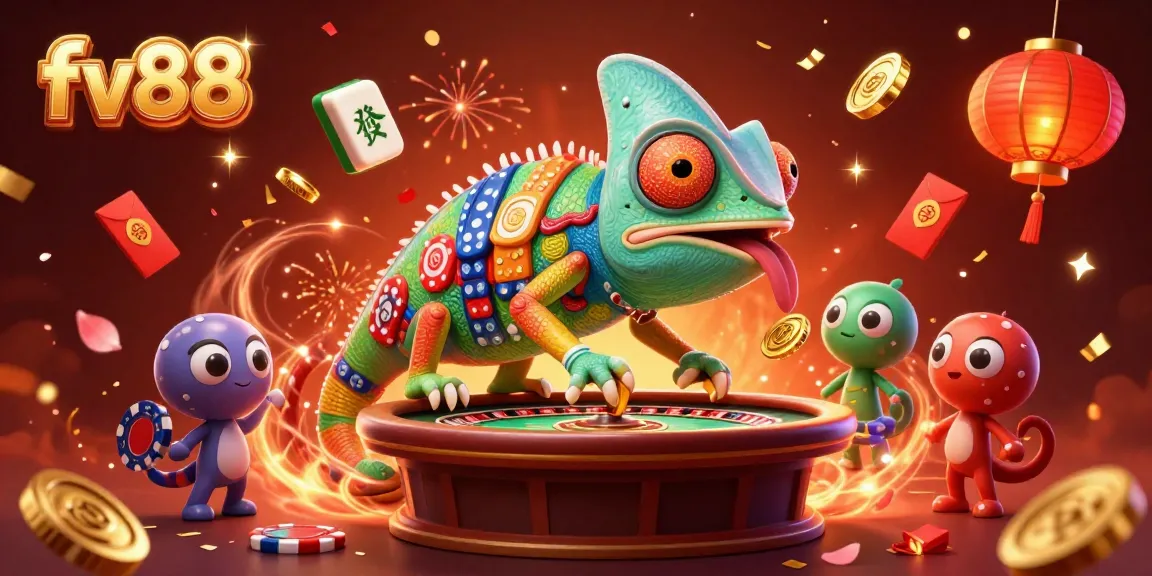Experience excitement at fv88 with a vibrant casino atmosphere featuring an animated chameleon owner and dynamic game elements.