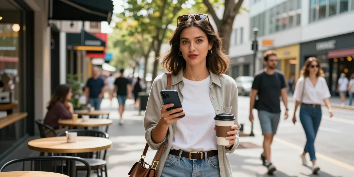 Gái gọi đứng gần quán café trendy, tạo dáng tự tin với smartphone.