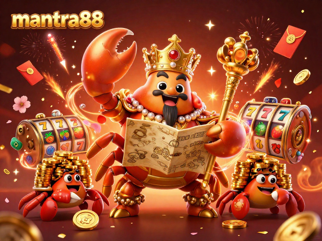 Join the excitement at mantra88 with a golden crab emperor amidst vibrant casino elements like slot reels and lucky charms.