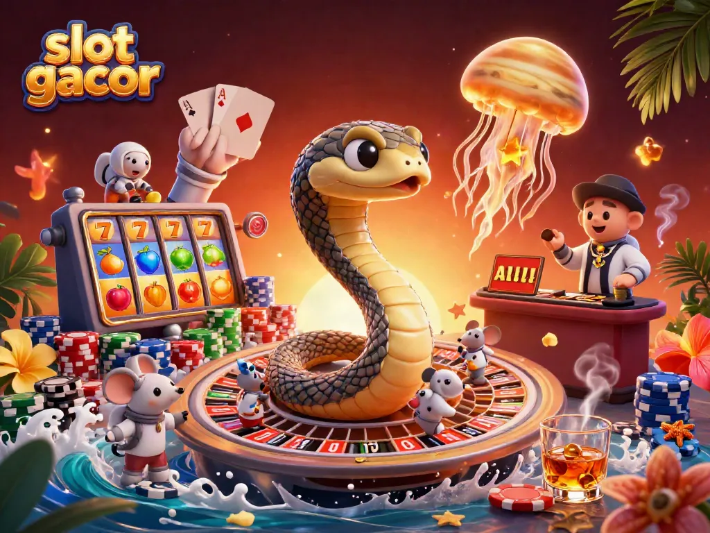 Gambarkan ciri khas slot gacor dengan simbol keberuntungan dan elemen poker dalam ilustrasi 3D.