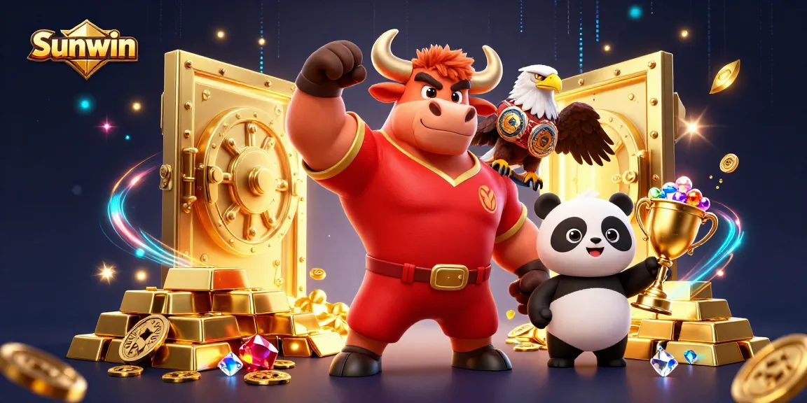 Engage with Sunwin's thrilling casino experience featuring a victorious bull, eagle, and panda in a vibrant scene.