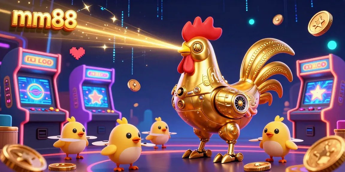 Engage with the exciting mm88 casino scene featuring a futuristic rooster robot and baby drones among vibrant arcade games.