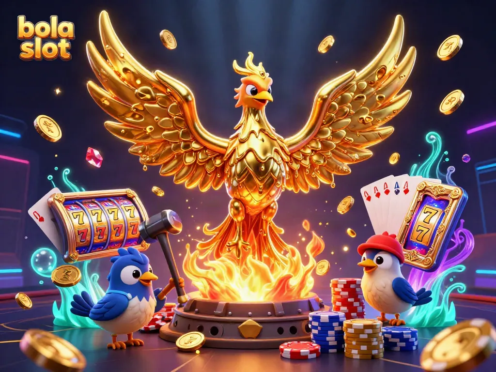 Engage in timeless bola slot excitement with golden phoenix and cascading coins.