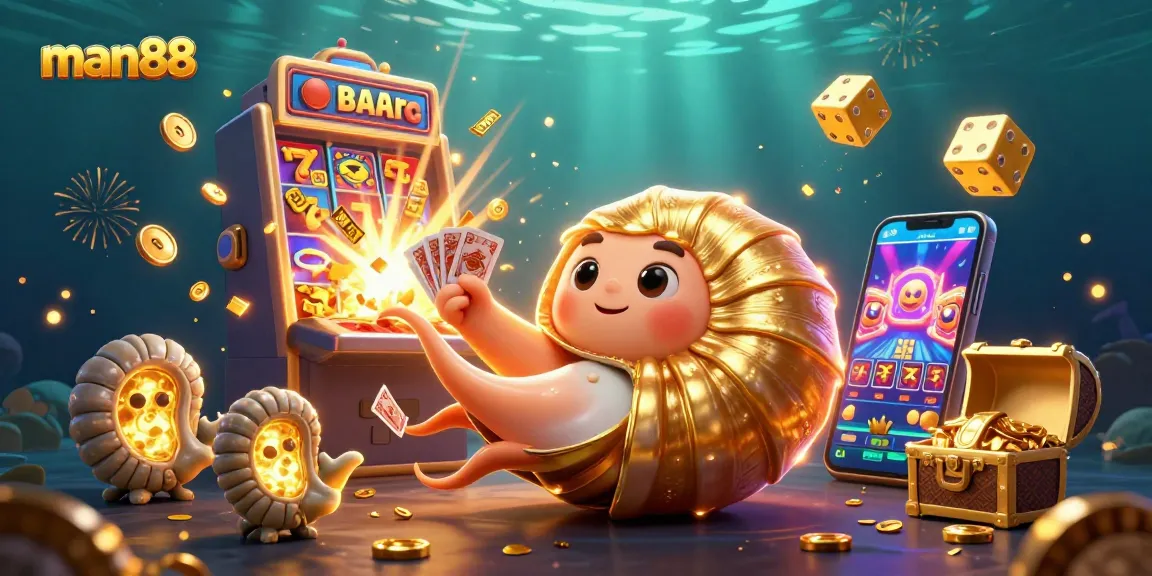 Experience excitement at man88 with a glowing nautilus and jackpot slot machine illustration.
