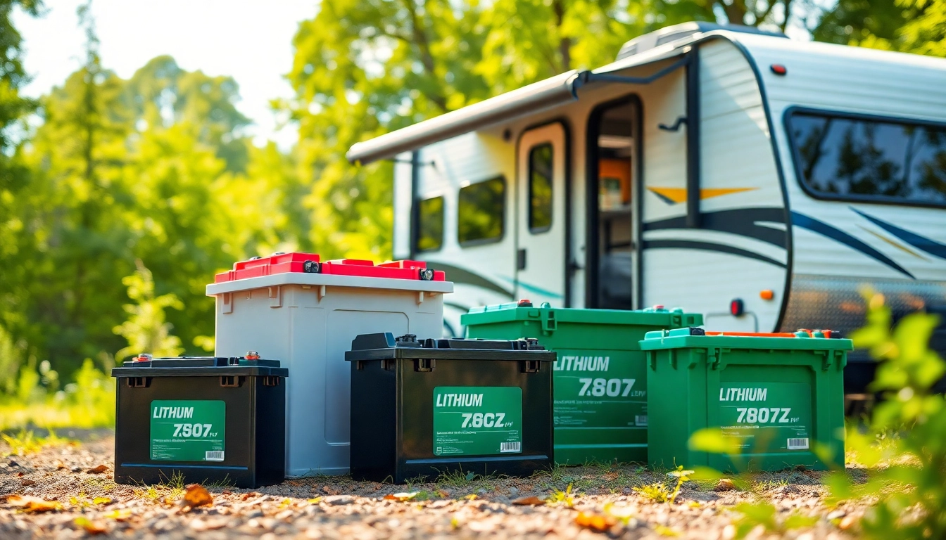 Showcase of lithium RV batteries in an outdoor camping environment, highlighting their advanced features.