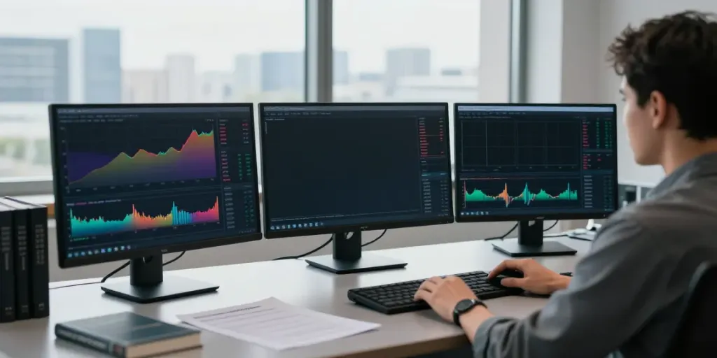Traders using MetaTrader 5 on multiple monitors in a professional workspace.