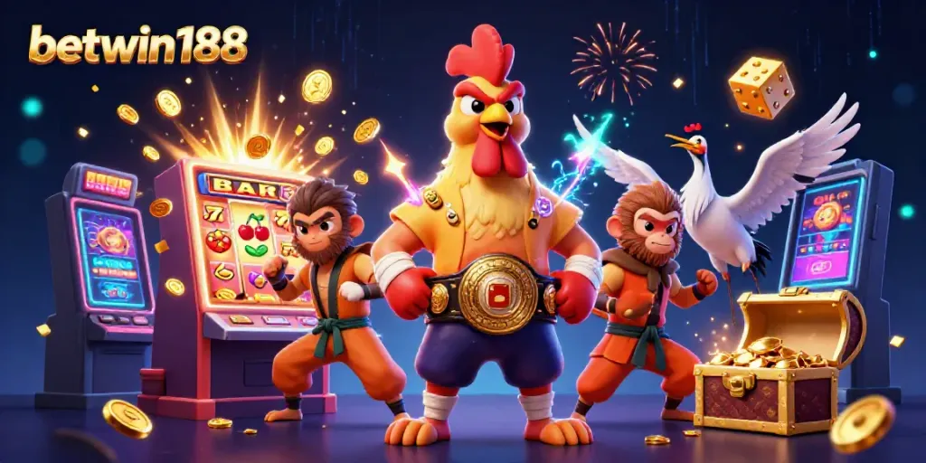 Betwin188 jackpot dengan ayam jantan Muay Thai dan pendekar monyet dalam ilustrasi 3D