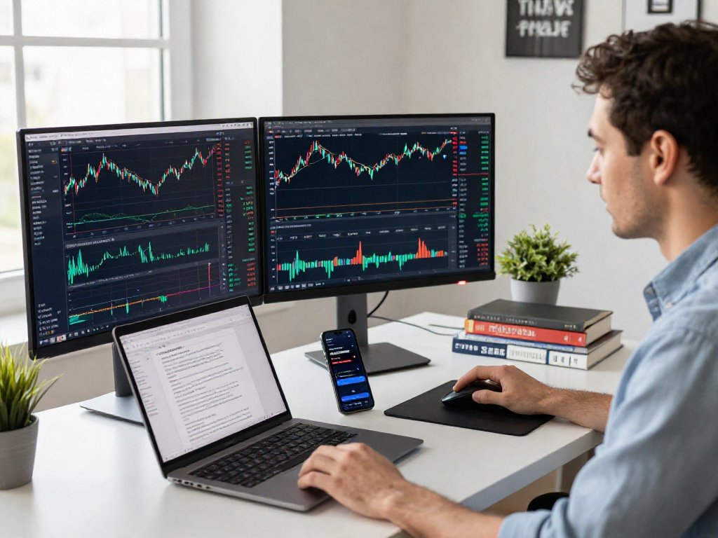 Trader using MetaTrader 5 on multiple screens in a modern workspace