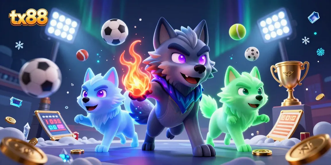 Capture the thrill of tx88's sports betting realm with vibrant 3D wolves in action.