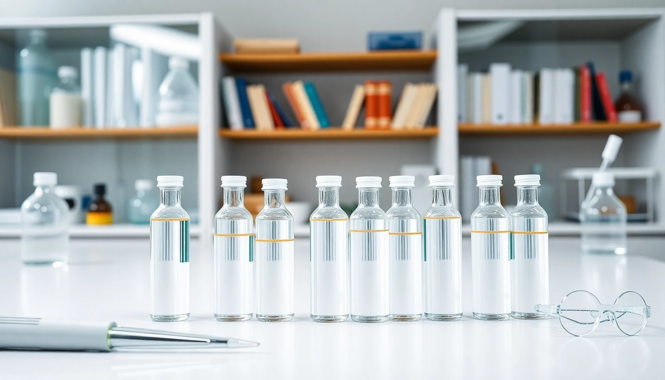 Showcase of dmso organic in glass vials in a professional lab setting, emphasizing purity and quality.