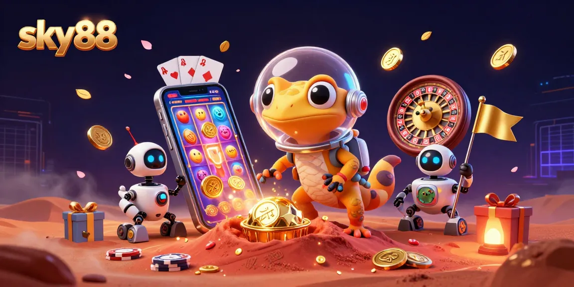 Spin the reels at sky88 with an adventurous Martian gecko and a golden casino discovery!