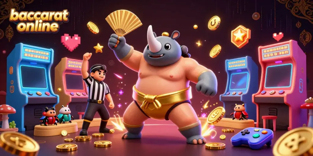 Baccarat online action with a cartoon rhinoceros beetle champion amidst golden coins and arcade machines.