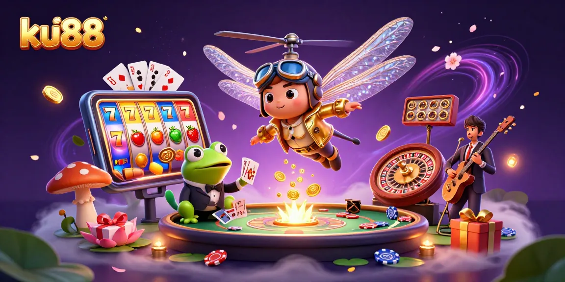 Experience thrilling slots with ku88 as a dragonfly pilot and a frog croupier at an exciting casino scene.