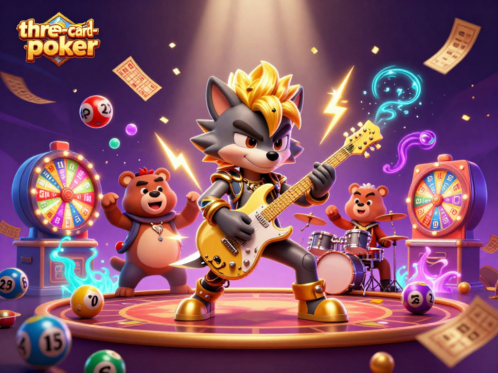 Experience thrilling three-card-poker action with vibrant characters and dynamic casino elements.