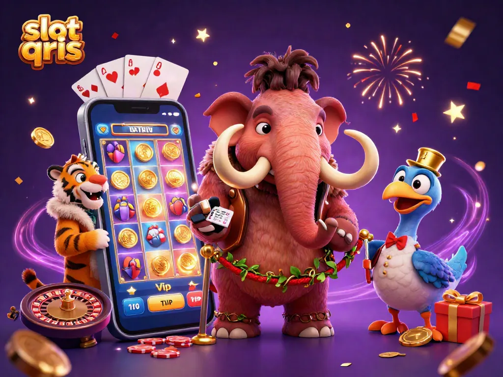 Engage in thrilling slot games with slot qris as a woolly mammoth checks IDs, surrounded by casino elements.